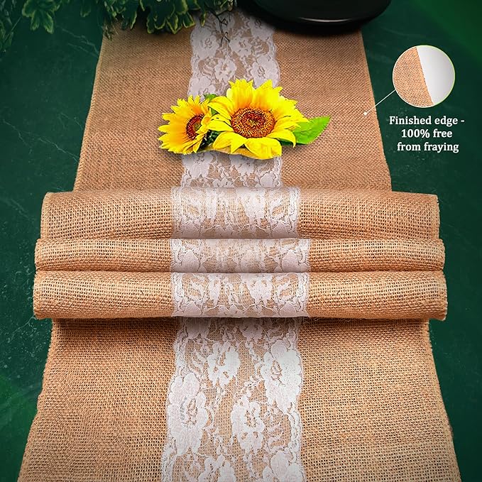 Burlap Lace Table Runner (Pack of 6) – 14”x 72” - No-Fray Finished Edge Natural Table Runner – No Odor, Eco-Friendly Burlap Runner - Perfect for Christmas, Wedding, Thanksgiving