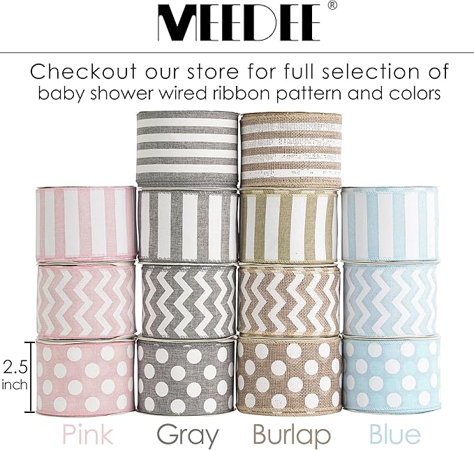 MEEDEE Burlap Ribbon with White Chevron Pattern - 2.5 Inch Wired Ribbon for Cakes, Wreaths, Rustic Decor, Baby Showers, Beach Parties, Farmhouse Gifts - 10 Yards