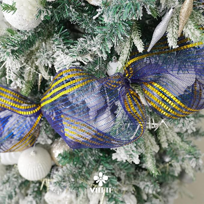 MEEDEE Navy Deco Mesh 10 Inch Deluxe Wide Foil Gold Border Mesh Metallic Mesh Fabric Navy Blue & Gold Mesh Ribbon for Christmas Tree, Wreaths, Garland, Gift Wrapping, Bows Making (30 Feet)