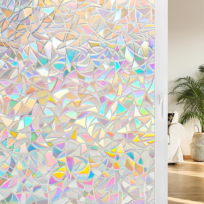 Homein Window Privacy Film, Rainbow Window Film Decorative 3D Window Clings Non Adhesive Window Tint for Home, Stained Glass Window Film for Glass, UV Blocking, 17.5 x 78.7 inches