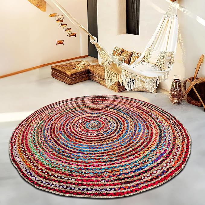 4' Round Handwoven Jute Chindi Area Rug - Colorful Boho Rugs for Living Room - Hand Braided Multicolor Bohemian Rug for Farmhouse, Bedroom, Dining Room, Classroom, Hallway, Kitchen, Office