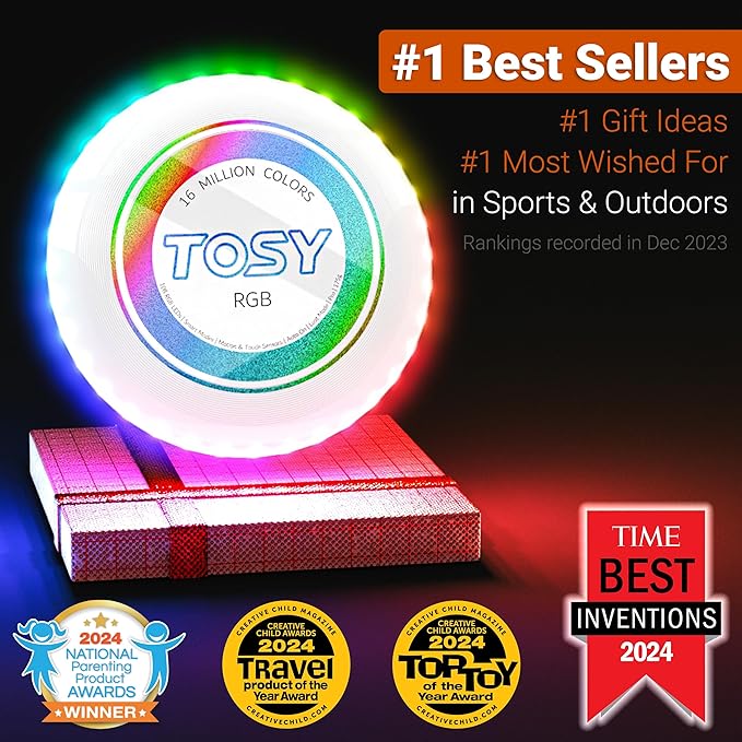 TOSY Flying Disc - 16 Million Colors RGB or 36 LEDs, Extremely Bright, Smart Modes, Camping Essentials for Teens/Kids/Adults/Men/Boys/Girls, Auto Light Up, Rechargeable, Waterproof, 175g