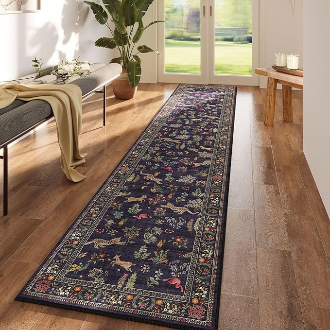 Rugcomf Runners for Kitchen Non Slip 2'x10' Long Washable Runner Rugs with Rubber Backing Soft Floral Animal Carpet Runner for Kitchen, Laundry, Bedroom, Bathroom (Blue)