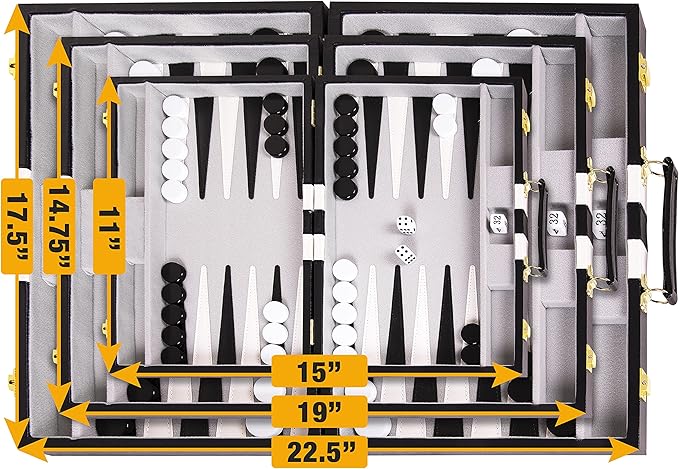 Backgammon Sets for Adults with Premium Leather Case | Classic Travel Backgammon Set for Adults and Kids with Strategy & Guide | 15 Inches | Medium | Black