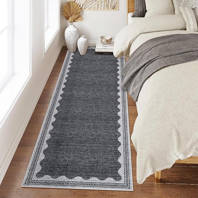 Scalloped Rug 2x6 Runners for Hallways, Solid Grey Runner Rugs Non Slip Scalloped Bath Runner, Washable Rug for Bedroom Girls, Mat for Kitchen Floor Soft Dorm Nursery Carpet for Bedside