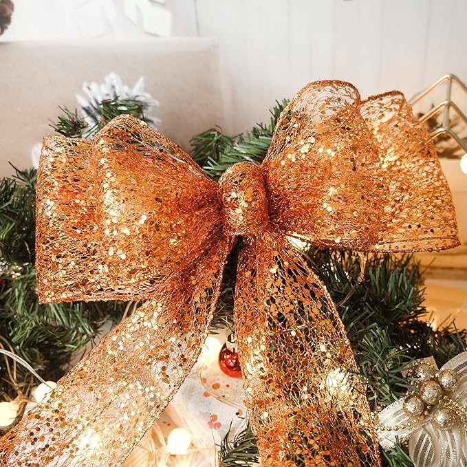 CT CRAFT LLC Sparkling Glitter Mesh Wired Ribbon 4" x 10 Yards Bronze Orange for Christmas Home Decor Bow Gift Wrapping DIY Crafts Wreath