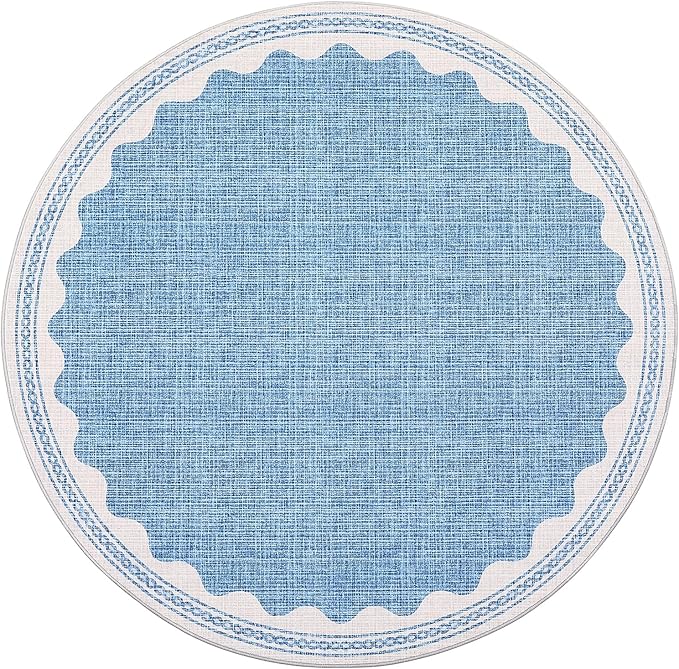 Scalloped Round Rug 4ft, Small Area Rugs Solid Blue Rug for Bedroom Girls, Washable Rugs for Living Room, Non Slip Scalloped Round Bath Mat, Soft Dorm Nursery Carpet for Bedside