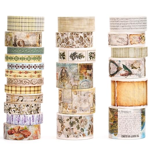 Vintage Washi Tape Set - 24 Rolls Arts Adhesive Tapes Assorted Retro Decorative Masking Tape Sets for Craft, Kids, Scrapbook, DIY, Gift Wrapping (6-Timeless Notes)