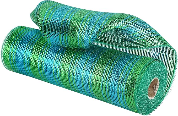 MEEDEE Peacock Ombre Deco Mesh 10 Inch Deluxe Wide Foil Metallic Xmas Mesh Christmas Tree Ribbon Ombre Mesh Ribbon for Christmas Tree, Wreaths, Garland, Gift Wrapping, Bows Making (30 Feet)