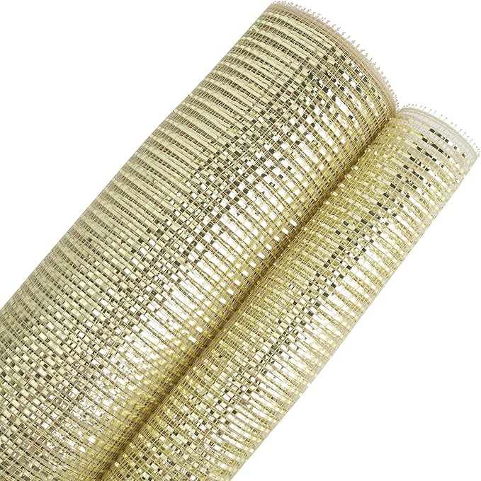 MEEDEE Champagne Deco Mesh 10 Inch Deluxe Wide Foil Metallic Mesh Premium Decorative Mesh Champagne Gold Mesh Ribbon for Christmas Tree, Wreaths, Garland, Gift Wrapping, Bows Making (30 Feet)