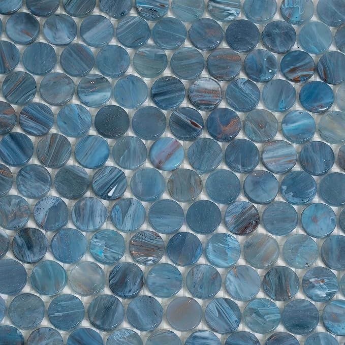Denim Blue Penny Round Mosaic Glass Tile – 12.2 x 12.2 Inch - 10 Sheet Pack - Luxurious Design for Bathroom Walls, Kitchen Backsplash, Shower Walls - Elegant Wall Decor - NOT Peel and Stick Tile