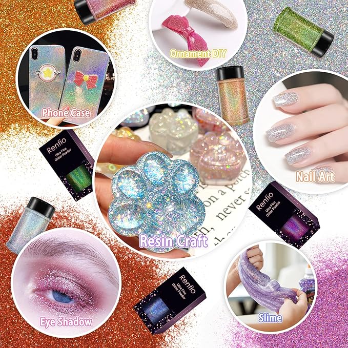 Renfio Holographic Ultra Fine Glitter Powder Metallic Resin Glitter 2.11 Oz (60g) PET Flakes Crafts Sequins 1/128" 0.008" 0.2mm Epoxy Chips Flakes for Roses Tumblers Slime - Laser Pinkish