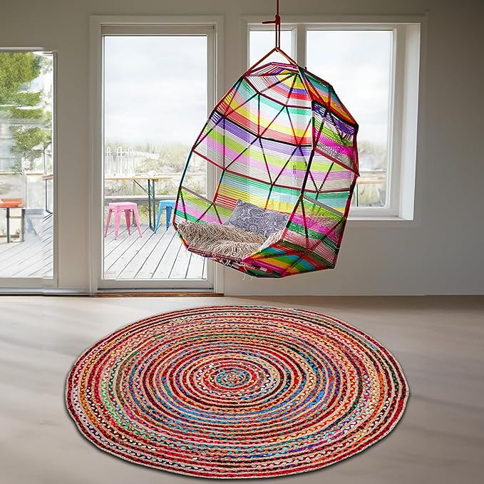 4' Round Handwoven Jute Chindi Area Rug - Colorful Boho Rugs for Living Room - Hand Braided Multicolor Bohemian Rug for Farmhouse, Bedroom, Dining Room, Classroom, Hallway, Kitchen, Office