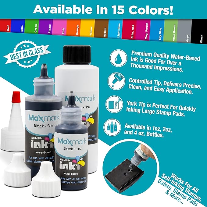 MaxMark Premium Refill Ink for self Inking Stamps and Stamp Pads, Purple Color - 1 oz.