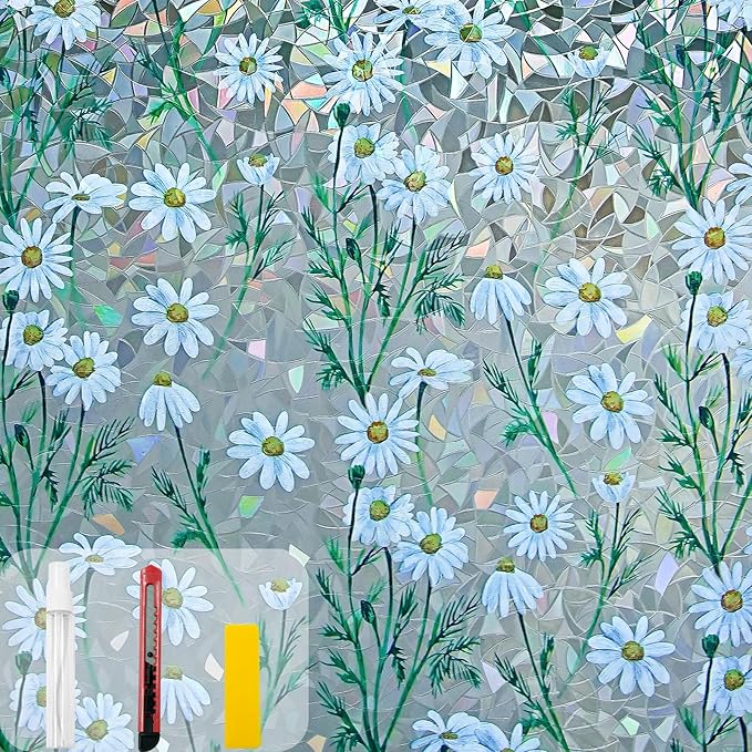 Window Privacy Film Stain Glass Window Film Rainbow Window Film Window clings Non-Adhesive Reusable Decorative for Room (Daisy Rainbow, 45.2 x 157.4 in)
