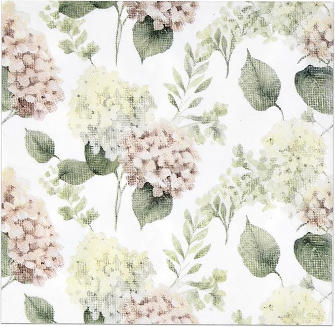 100 Pcs Hydrangea Scatter Floral Cocktail Beverage Napkins Hydrangeas Flowers Disposable Paper Dessert Napkin for Spring Summer Birthday Party Supplies
