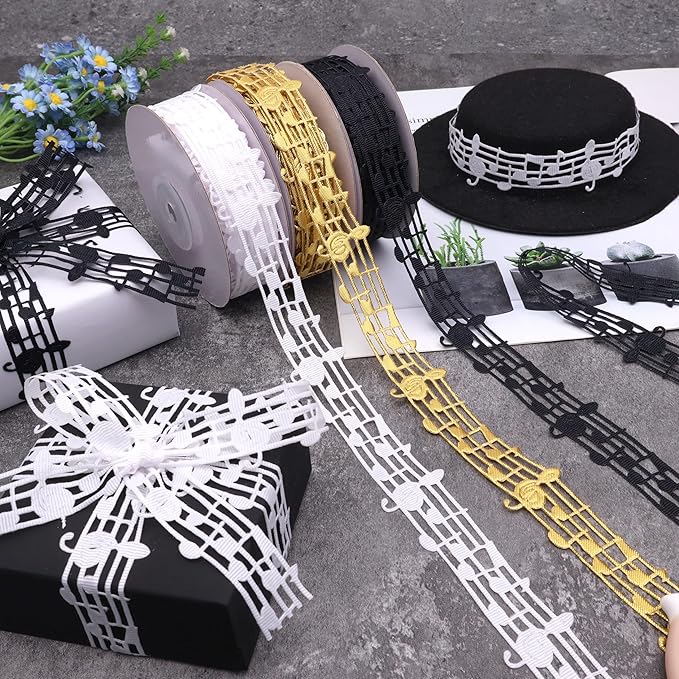 Golden Music Note Ribbon Grosgrain Ribbon Notation Craft Music Accessories Trim for Homecoming Mum Supplies Christmas (20 Yards/Roll)