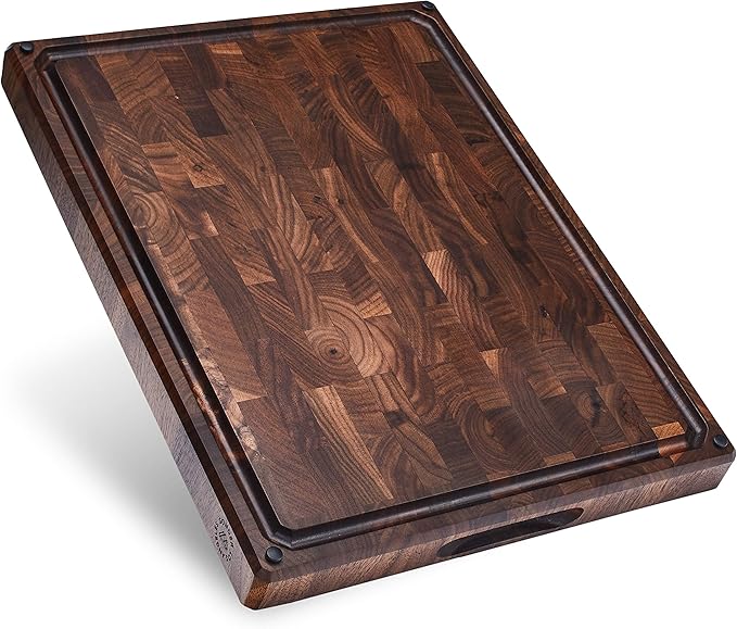 Sonder Los Angeles Alfred Cutting Board Made in USA | Black Walnut End Grain Cutting Board with Non-Slip Feet, Juice Groove, Sorting Compartments | Gift Box Included | 17x13x1.5 in