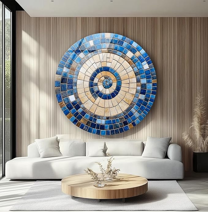 My Photostation.com 15.8''(40cm) Diameter Coastal Sunburst Beige & Blue Round Glass Wall Art Tempered Glass Printing Wall Decor Large Wall Art Wall Hangings