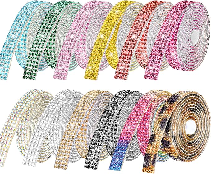 Rhinestone Ribbon Self Adhesive Crystal Rhinestones, 12-Rolls Bedazzling Strips, 12-Yard Rhinestone Strips for DIY Craft, Rhinestones for Crafting