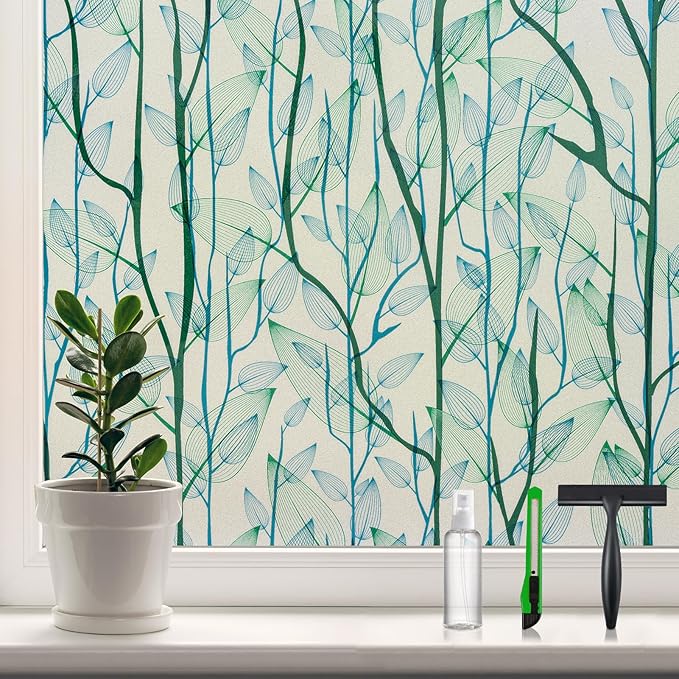 DKTIE Window Film Privacy with Installation Tools, Decorative Stained Glass Window Clings for Home, Static Cling Window Sticker for Front Door, Bathroom (Green, 17.7'' x 78.7'')