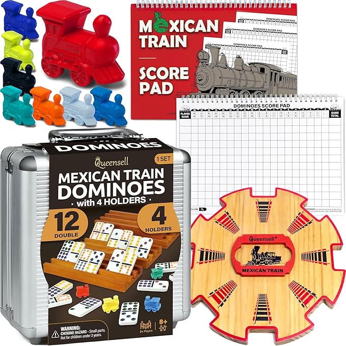 Queensell Dominoes Double 12 with 4 Holders + Wooden Hub + Score Pad + Metal Trains