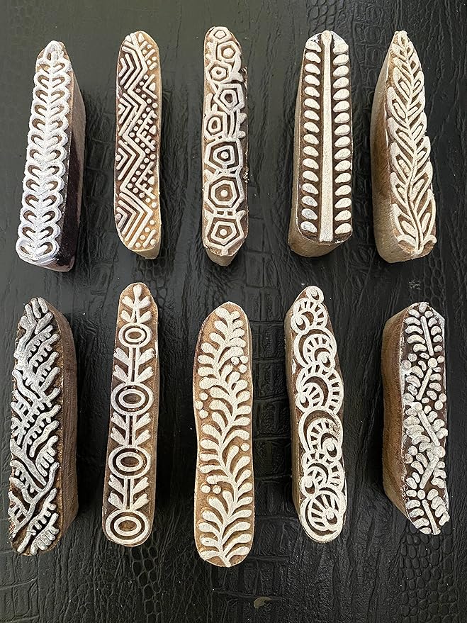 AnNafi® Mehendi Print Blocks| Border Pattern Wooden Stamps (Set of 10)| Fabric Wooden Stamps Border Pattern Printing Blocks| Designer Craft for Mehandi Textile Pottery Saree Border Canvas Painting |