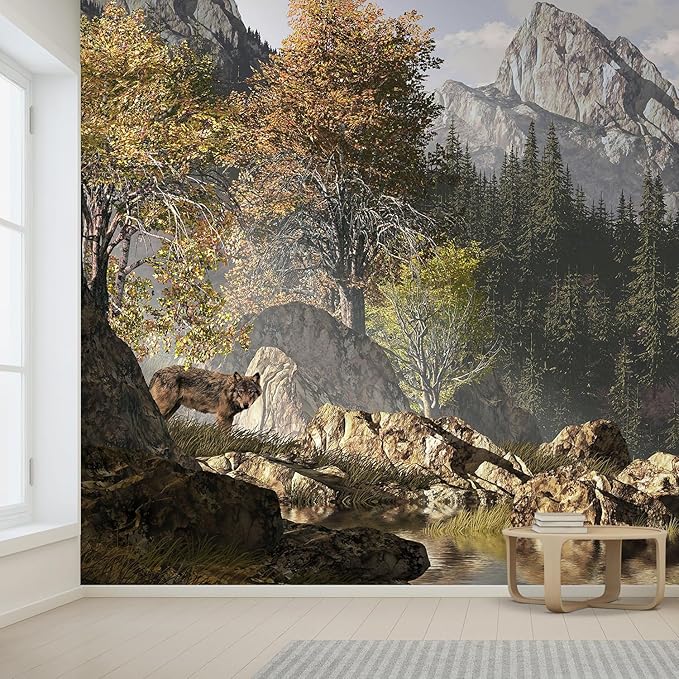 wall26 Wall Sticker/Wall Mural Wolf Near a Lake in a Rocky Mountain Landscape, Not Peel and Stick, Non-Woven Wallpaper Decorative for Bedroom, Living Room, Office - 96x144 inches
