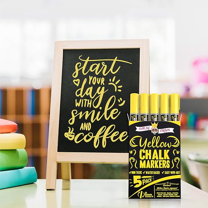 CHALKY CROWN Liquid Chalk Marker Pen - Dry Erase Marker - Chalk Markers for Chalkboard Signs, Windows, Blackboard, Glass - 6mm Reversible Tip (Yellow, 5 Pack)