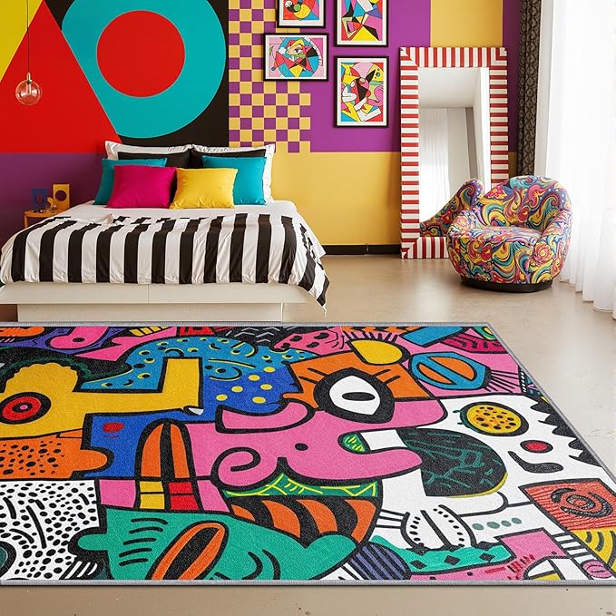 Abstract Rug - 8x10 Rug, Colorful Area Rugs,Pop Art Graffiti Multicolor Non Slip Shed Resistant Extra Large Carpets Home Decor