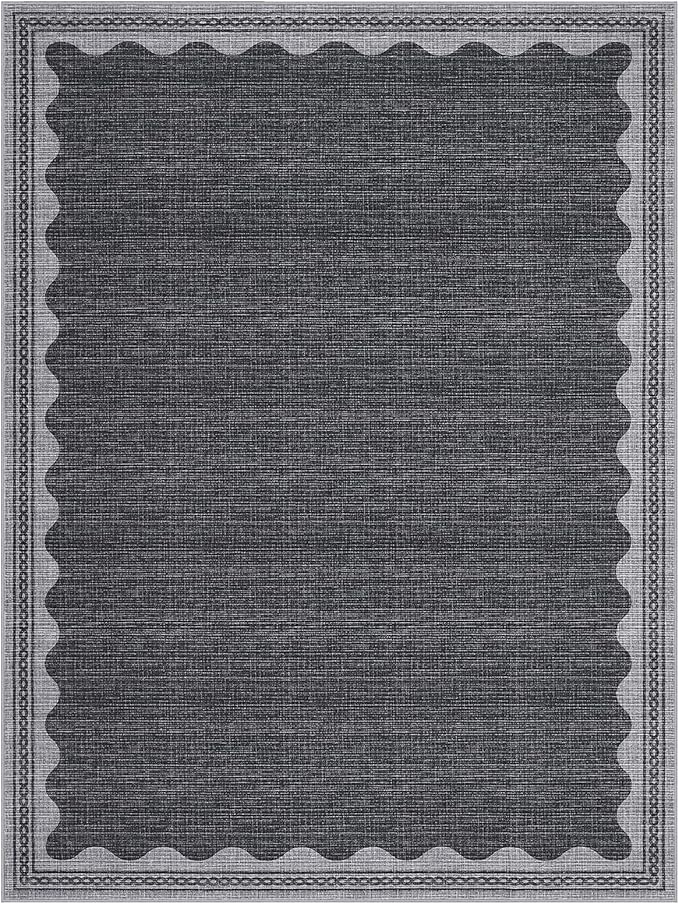 Scalloped Washable Rug 8x10 Area Rugs for Living Room, Solid Grey Rug for Bedroom Girls, Non Slip Throw Carpet with Rubber Back, Soft Dorm Nursery 8x10 Rugs for Dining Room