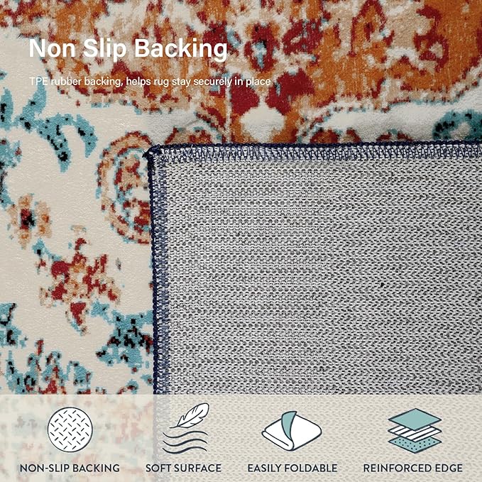 Lahome Bohemian Floral Medallion Round Rug - 6Ft Soft Rug for Living Room Washable Rug for Dining Room, Vintage Faux Wool Non Slip Cute Table Throw Carpet for Coffee Table Nursery Guest Room