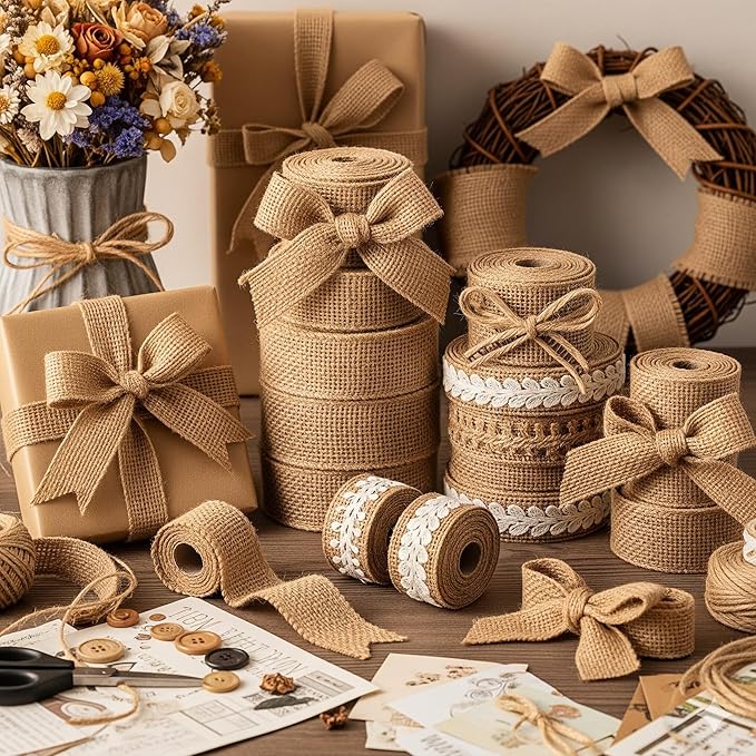 Burlap Ribbon 2" x 15 Yards Natural Jute 2 Inch 5yards 3 Rolls, (Natural, X 15yards)