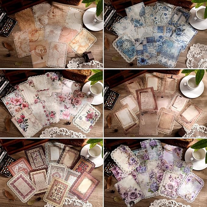 66 Sheets Lace Edged Scrapbook Paper Set, 6 Packs Vintage Decorative Paper Scrapbooking Supplies for Letter Writing Background Stationery Ephemera for Junk Journaling, DIY Art Collage 4.9x6.9 IN