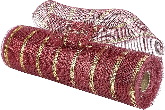 MEEDEE Burgundy and Gold Deco Mesh 10 Inch Metallic Striped Deco Mesh Christmas Mesh Ribbon for Christmas Tree, Wreaths, Garland, Gift Wrapping, Bows Making (30 Feet)