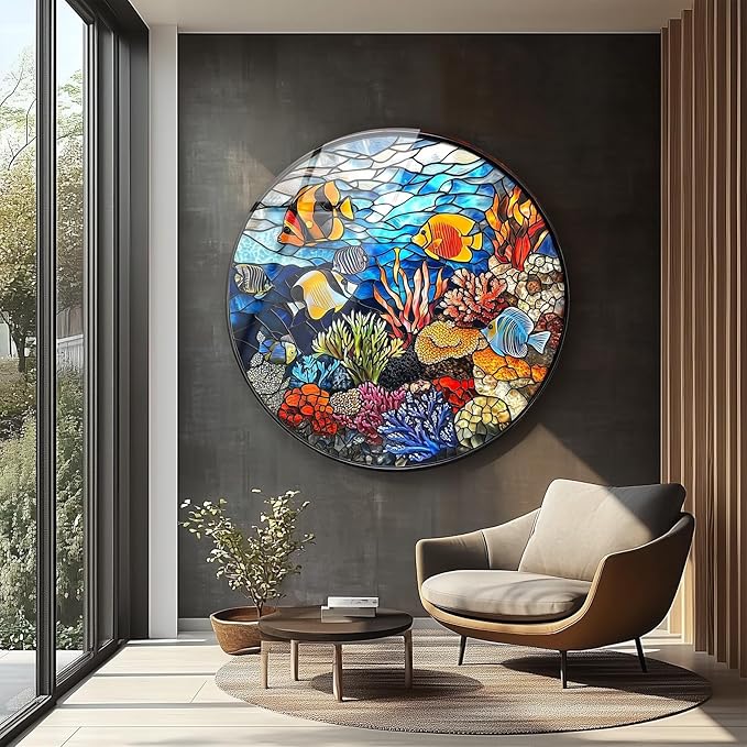 My Photostation.com 31.5''(80cm) Diameter Coral Reef Mosaic Round Glass Wall Art Tempered Glass Printing Wall Decor Large Wall Art Wall Hangings