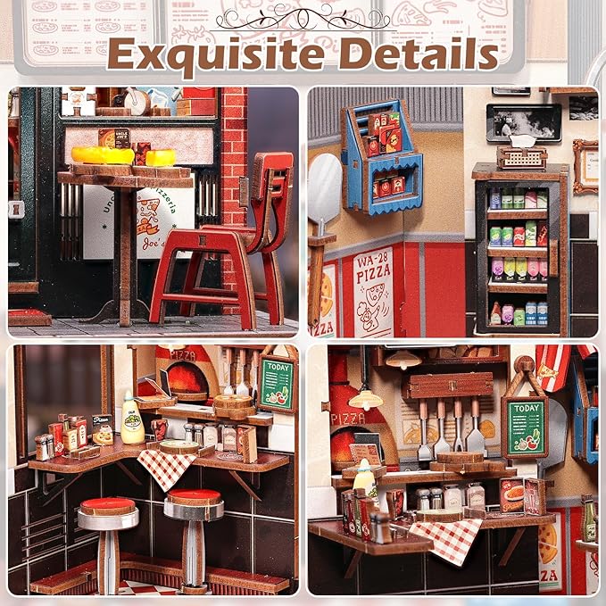 Fsolis Book Nook Kit - 3D Wood Puzzles for Adults, 285 pcs, DIY Bookshelf Scene Miniature Kit, Tiny House Mini Craft Model Gifts for Women (Uncle Joe's Pizzeria)