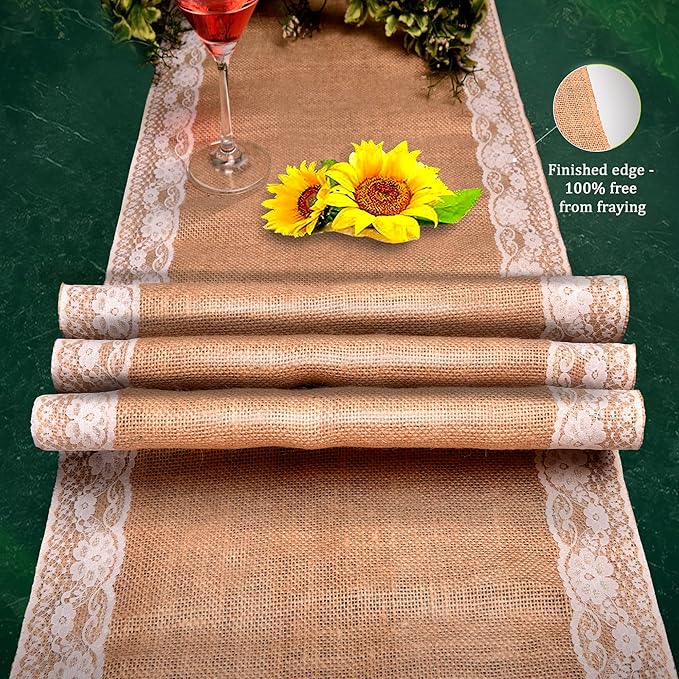 Burlap Lace Table Runner (Pack of 3) – 14”x 72” - No-Fray Finished Edge Natural Table Runner – No Odor, Eco-Friendly Burlap Runner - Perfect for Christmas, Wedding, Thanksgiving