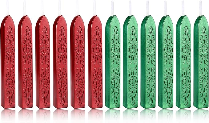 Yoption 12 Pcs Sealing Wax Sticks with Wicks, Antique Metallic Green Red Totem Fire Manuscript Seal Wax for Wax Seal Stamp (Metallic Green+Metallic Red)