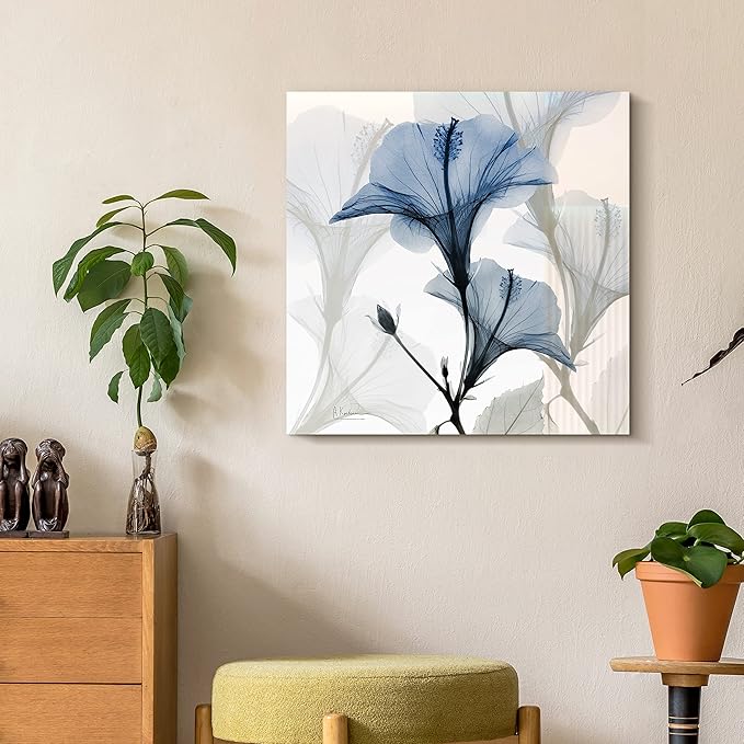 Empire Art Direct Frameless Free Floating Tempered Glass Panel Graphic Wall Art Ready to Hang, 24" x 24", Blue X-ray Floral, Flower wall art
