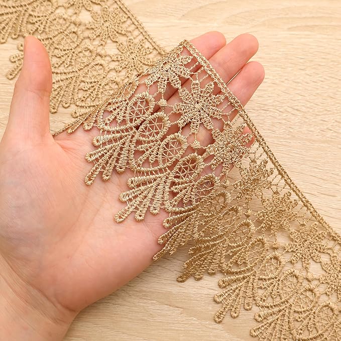 GXTIZAS Golden Lace Trim 5 Yards Wide Venise Lace Ribbon Embroidered Edge Trim for Sewing Crafts Pillow Case