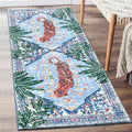 Oriental Tropical Kitchen Runner Rug 2x5 Washable, Thin Stain Resistant Blue Boho Bathroom Runner Rug for Hallway Entryway Bedroom Laundry, Vintage Abstract Hippie Botanical Long Carpet