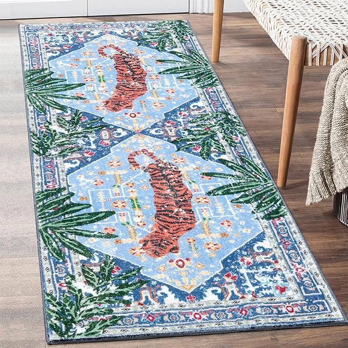 Oriental Tropical Hallway Runner Rug 2x6 Washable, Thin Stain Resistant Blue Boho Runner Rug for Entryway Kitchen Bedroom Laundry, Vintage Abstract Hippie Indian Botanical Long Floor Carpet