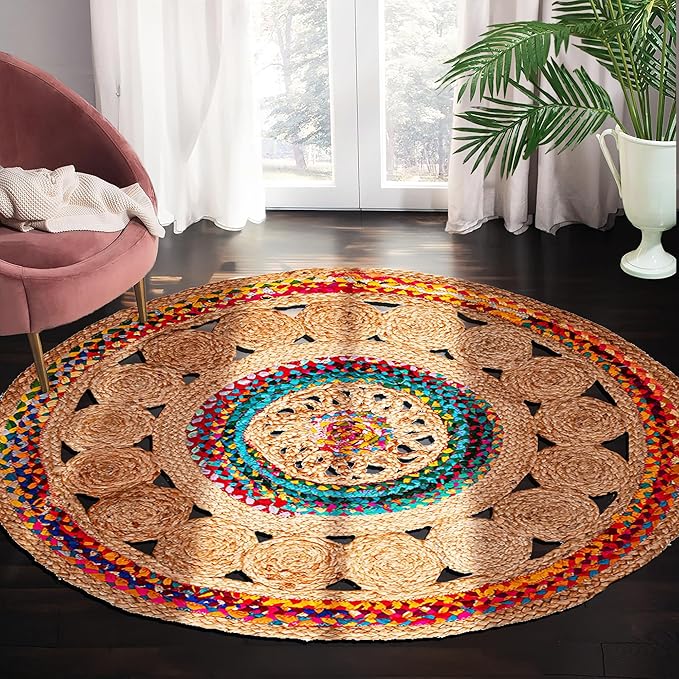 5' Round Handwoven Jute Chindi Area Rug - Colorful Boho Rugs for Living Room - Hand Braided Multicolor Bohemian Rug for Farmhouse, Bedroom, Dining Room, Classroom, Hallway, Kitchen, Office