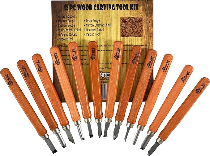 Premium Wood Carving Tools Kit - Durable High Carbon Stainless Steel Power Grip Carving Tool for Kids and Adults - Sculpting Knives for Carving Wood, Pumpkin & Soap - 12 Pieces