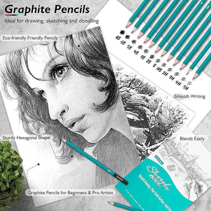 Soucolor 73 Pack Art Supplies Sketching Kit for Adults Kids Teen Gifts, Christmas Gifts, Drawing Sketching Pencils with Sketchbook, Coloring Book, Colored Watercolor Metallic Graphite Charcoal Pencils