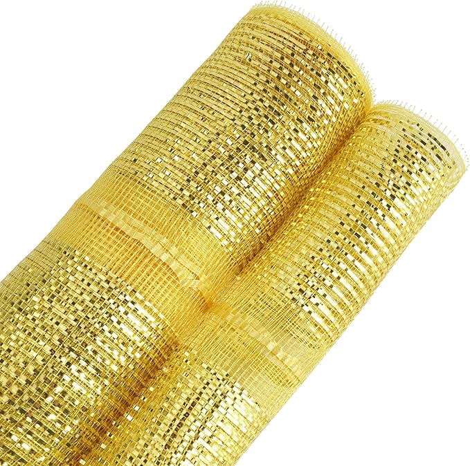 MEEDEE Gold Deco Mesh 10 Inch Deluxe Wide Foil Metallic Pull Up Mesh Yellow Gold Decorative Mesh Ribbon for Christmas Tree, Wreaths, Garland, Gift Wrapping, Bows Making (30 Feet)