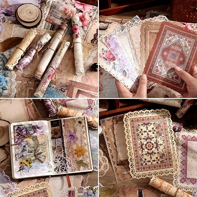 66 Sheets Lace Edged Scrapbook Paper Set, 6 Packs Vintage Decorative Paper Scrapbooking Supplies for Letter Writing Background Stationery Ephemera for Junk Journaling, DIY Art Collage 4.9x6.9 IN