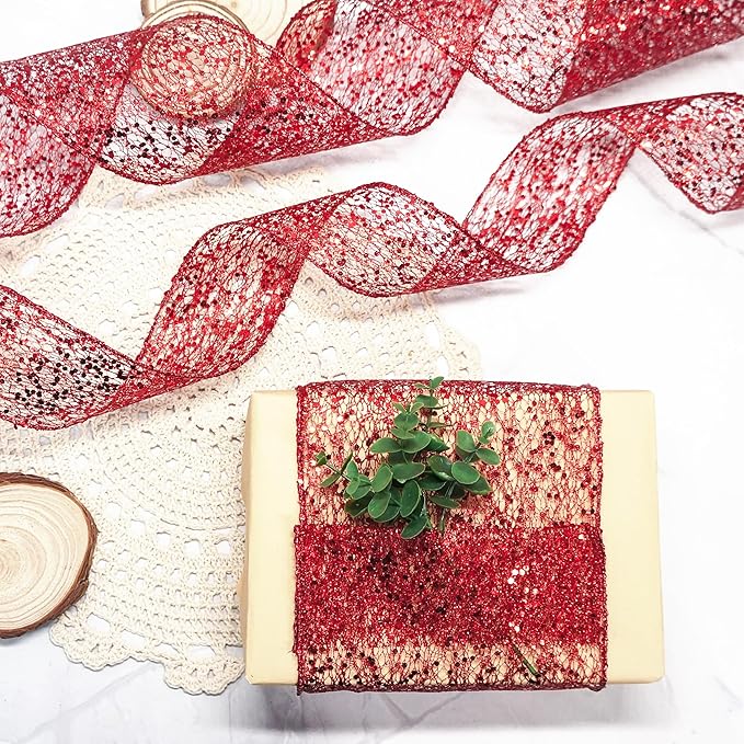 CT CRAFT LLC Sparkling Glitter Mesh Wired Ribbon 2.5" x 20 Yards Red for Christmas Home Decor Bow Gift Wrapping DIY Crafts Wreath