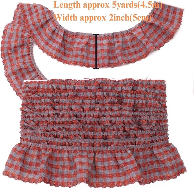 Gingham Ruffle Lace Trim Pleated Lace 5 Yards Gathered Gingham Fabric Edge Ribbon Trim for Dresses, Wedding Gowns, Crafts, Home Decor (Red)
